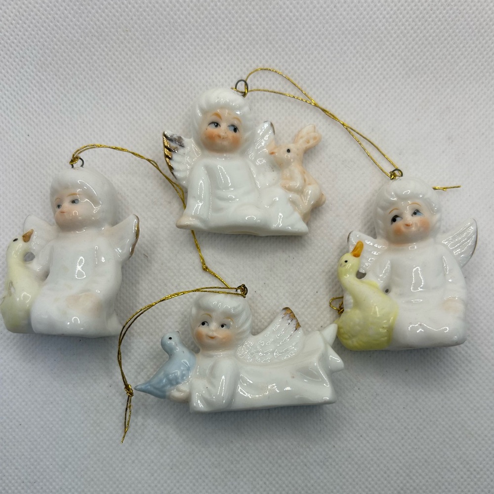 Vintage Ornaments Angels Christmas Baby Animals Porcelain Gold Lot of Four